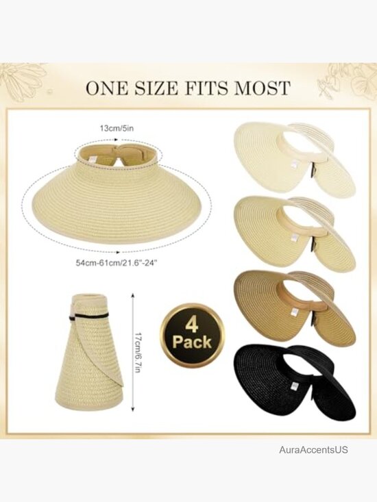 4 Pack Straw Sun Visor Hats Wide Brim Packable Beach Hats Ponytail Friendly main image 5